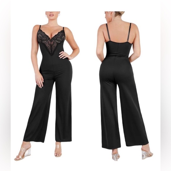 Popilush-Lace Deep V-Neck Sculpting Wide Leg Jumpsuit Size: XL - Picture 7 of 7